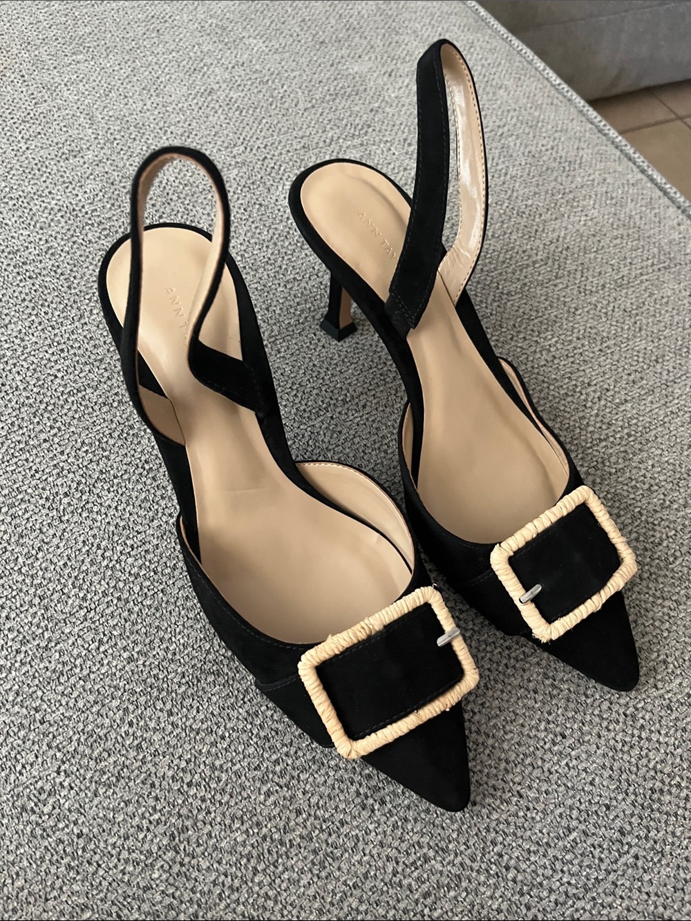 Black Suede Slingback Pointed-Toe Heels with Natural buckle